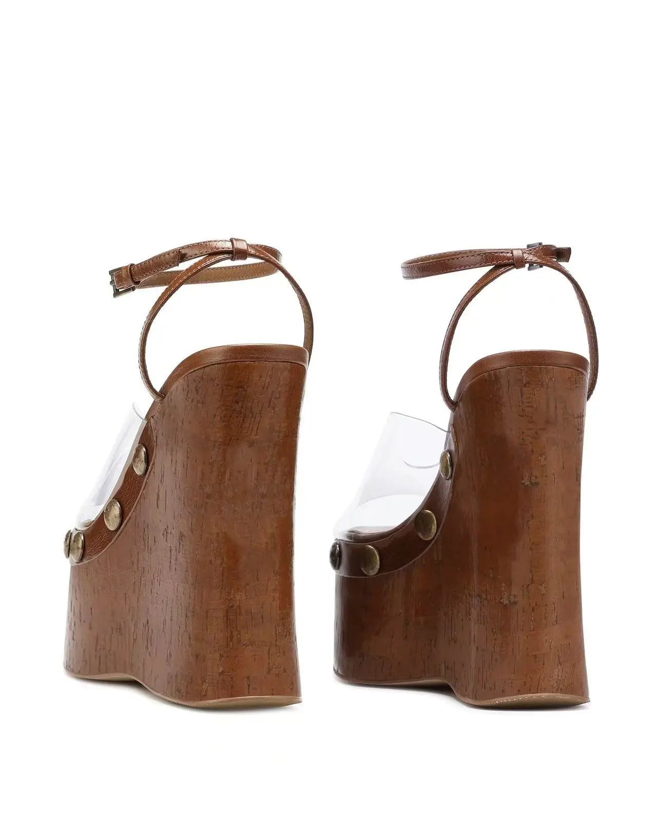 Large Rivets Embedded PVC Strap Women’s Sandals Peep Toe Wedges Super High Heels Tall Platform Sandales à Talons Heighten Shoes