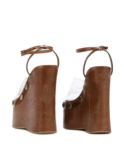 Large Rivets Embedded PVC Strap Women’s Sandals Peep Toe Wedges Super High Heels Tall Platform Sandales à Talons Heighten Shoes
