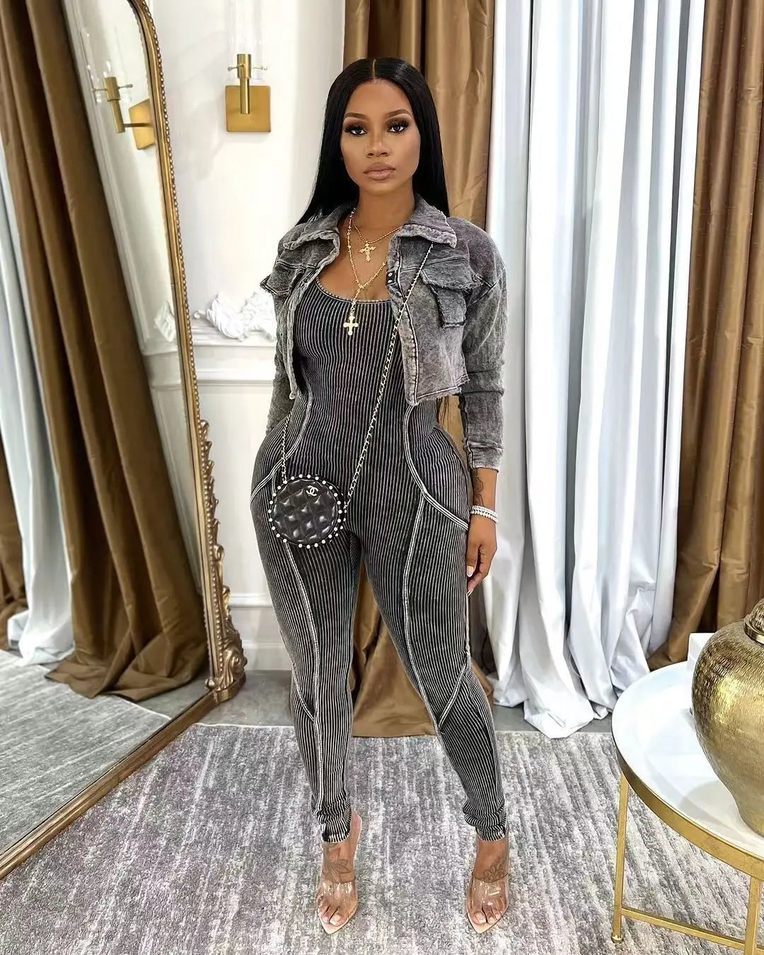FAGADOER High Quality Rib Women 2 Piece Set Outfit Fashion Long Sleeve Crop Jacket + Bodycon Jumpsuits Suits Clothing 2025 New