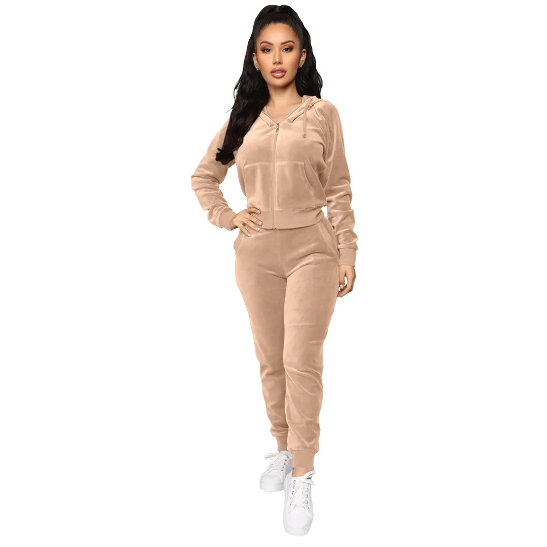Women Pant Sets Comfortable Velvet Matching Sets Two Piece Set Autumn Loose Zipper Hoodie Jacket Elastic Waist Skinny Pants Sets