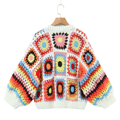 BOHO Geometric Plaid Hand Made Crochet Cardigan Woman V neck Long sleeve Sweater Open Stitching Knitwear Jumper Holiday