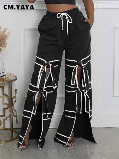 CM.YAYA Fashion Women Striped Patchwork Bowknot Split Wide Leg Jogger Pants 2025 Summer Active Sporty Classic Trousers