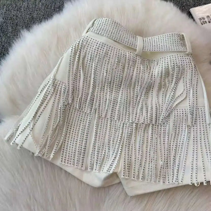 XFPV American Style Women's Shorts Summer Belt Gathered Waist Zipper Spliced Beading Tassel Shorts Female New Fashion 22D1803