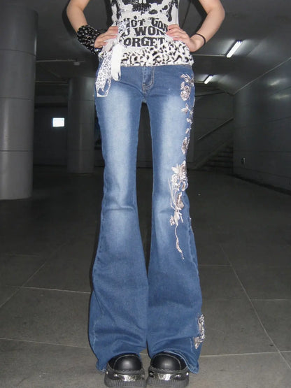 American Vintage Embroidered Floral Flared Jeans Millennial Fashion Hot Girl Flared Pants Harajuku Street Denim Flared Pants