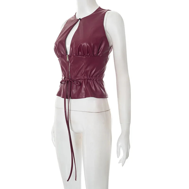 Joskaa 2025 Women's Pu Leather Tops Sexy Cutout Crew Neck Sleeveless Zip Front Tie Detail Tees Party Club Tshirts Y2K Streetwear