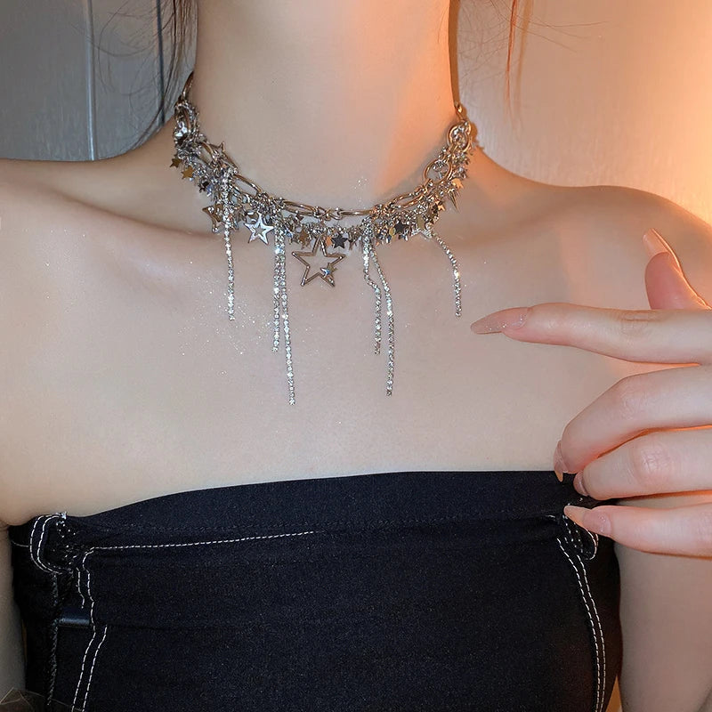 Silver Color Hollow Star Choker Necklaces For Women Long Tassel Rhinestone Imitation Pearl Chain Necklaces Statements Jewelry
