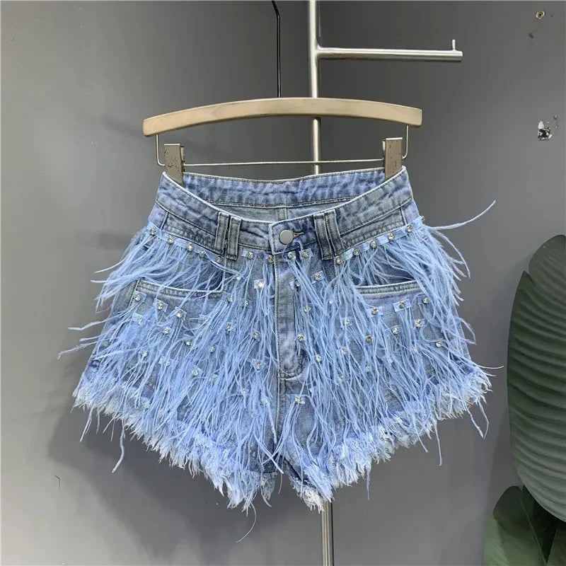 2025 Summer New Personalized Tassel Inlaid Diamond Wash Light Blue Denim Shorts Women's Streetwear Fashion Short Hot Pants