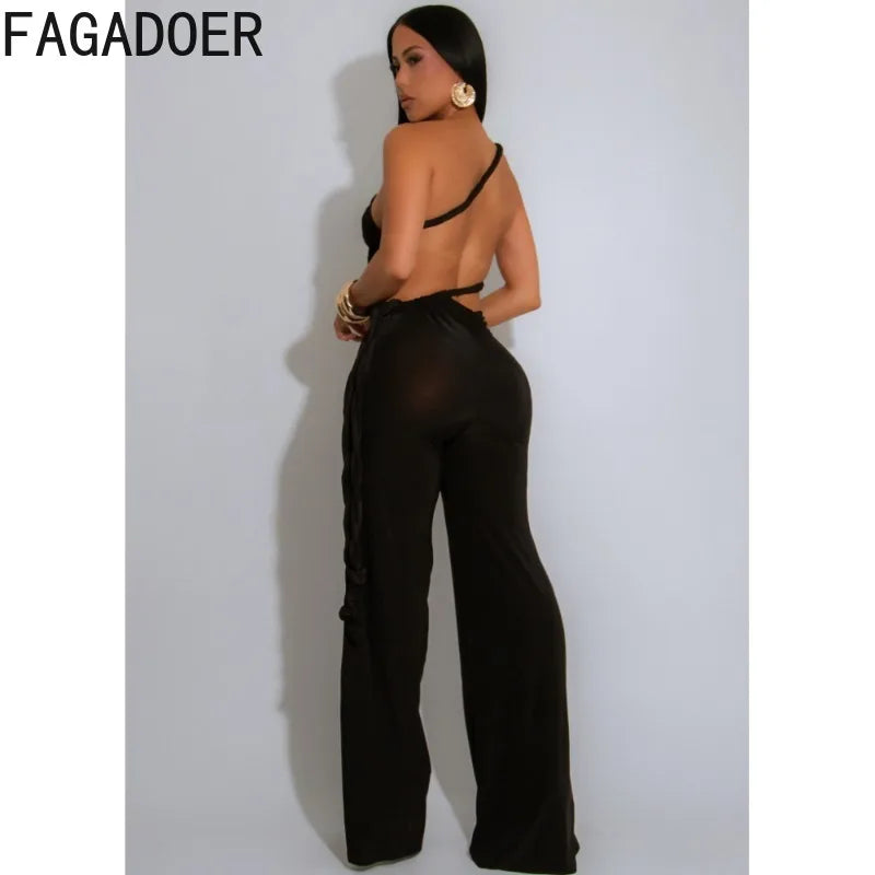 FAGADOER Sexy Ruched Patchwork Bodycon Jumpsuits for Woman Halter Sleeveless Wide-leg Romper Female Streetwear Overalls 2025 New