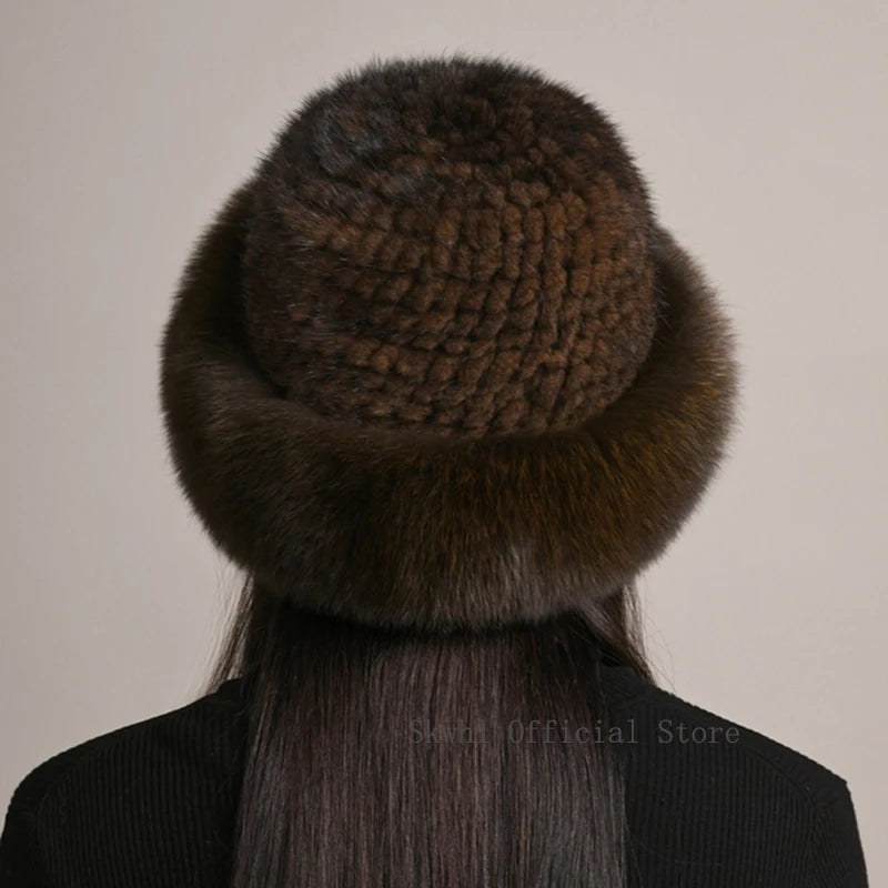 New Genuine Real Natural Knitted Mink Fur Hat Cap Luxury Women Handmade Knit Fashion Winter Headwear Warm Real Fox Fur Beanies