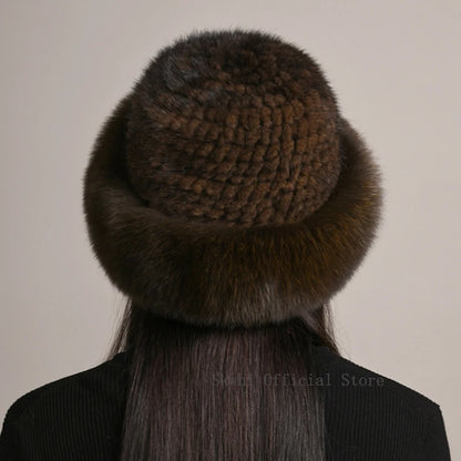 New Genuine Real Natural Knitted Mink Fur Hat Cap Luxury Women Handmade Knit Fashion Winter Headwear Warm Real Fox Fur Beanies