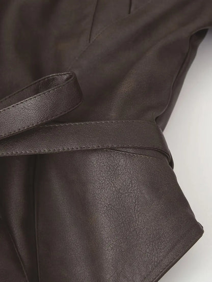 TRAFZA Spring Women Retro Brown PU Jackets Lace-up Single Button Coats Slim Sashes Jacket Fashion 2025 Female Casual Outwears