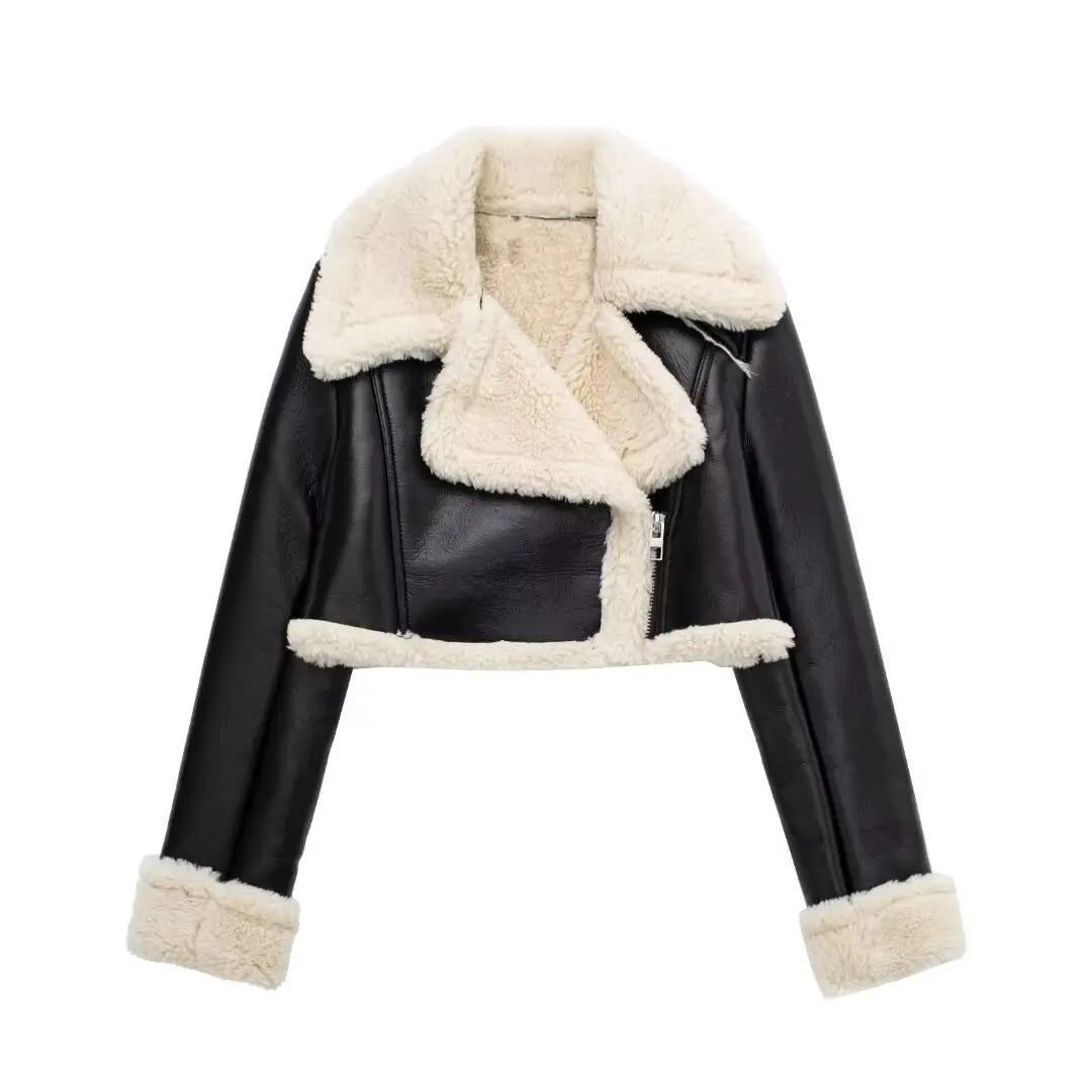 HH Women Faux Leather Thicken Short Jacket Vintage Front Zipper Lapel Long Sleeve Coat Winter Women Warm Casual Outerwear
