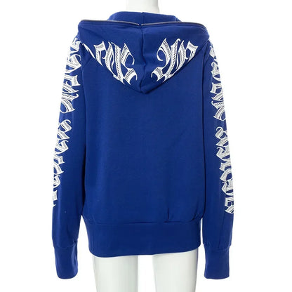 New 2024 Winter Letter Printed Zip Up Hoodie Streetwear Women Cyber Y2k Jackets Cardigan Gothic Punk Clothes Sweatshirts