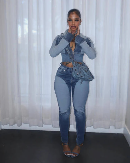 Fashion Two Tone Washed Denim Moto Jacket and Pants 2 Pieces Set for 2025 Fall Woman Casual Jeans 2piece Sets Outfits Streetwear