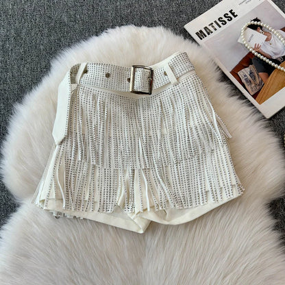 XFPV American Style Women's Shorts Summer Belt Gathered Waist Zipper Spliced Beading Tassel Shorts Female New Fashion 22D1803