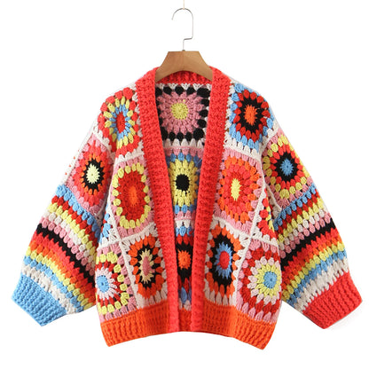 BOHO Geometric Plaid Hand Made Crochet Cardigan Woman V neck Long sleeve Sweater Open Stitching Knitwear Jumper Holiday