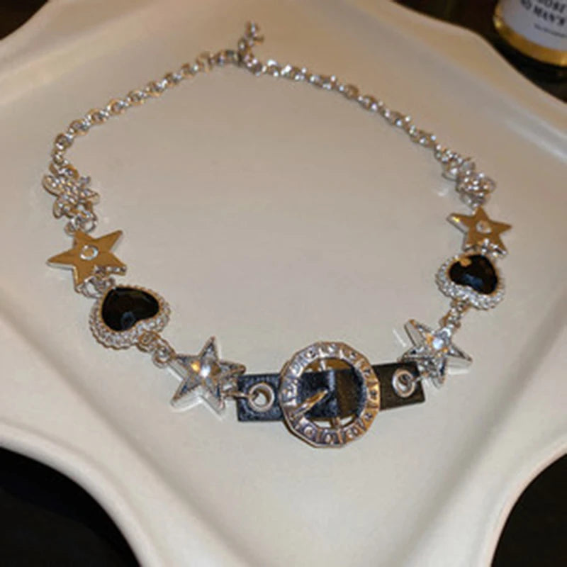 Silver Color Hollow Star Choker Necklaces For Women Long Tassel Rhinestone Imitation Pearl Chain Necklaces Statements Jewelry