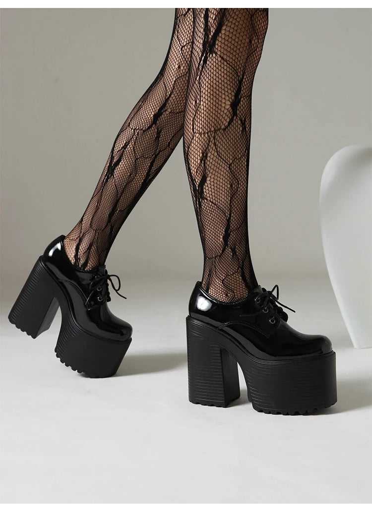 Ultra High Waterproof Platform Shiny Patent Leather Lace Up Women's Pumps Breathable Lining Thick Heels Punk Trendy High Heels