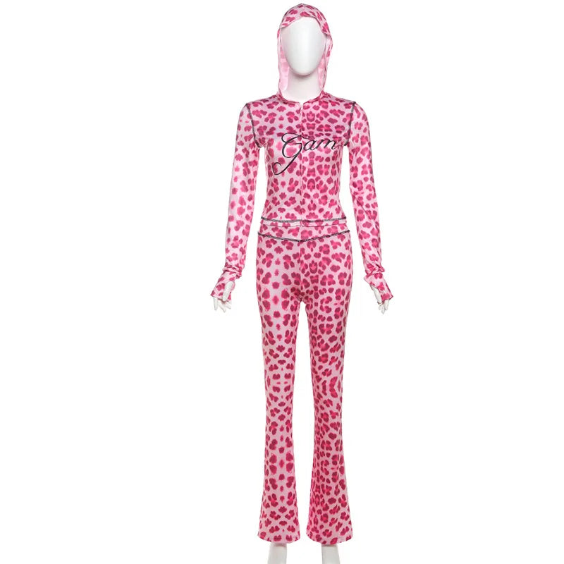 FAGADOER Sexy Leopard Print 2 Piece Sets Women Outfit Long Sleeve Zipper Hooded Crop Jacket + Flare Pants Suits Female Clothing