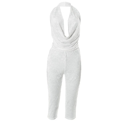 CUTENOVA Women'S Sexy Solid Color Lace Patchwork Swing Collar Hanging Neck Big Backless Skinny Jumpsuit Summer Elegant Jumpsuit