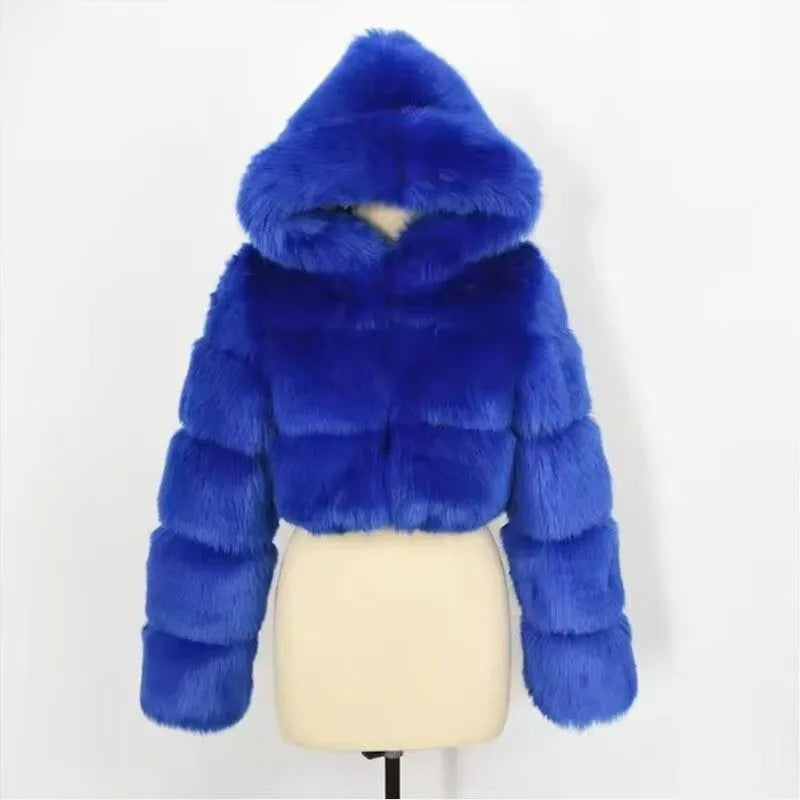 S-6XL Women Coat Autumn Winter Short Hooded Faux Fox Fur Coat Thick Warm Outerwear Fake Fur Woman Jackets Ladies Furry Coats