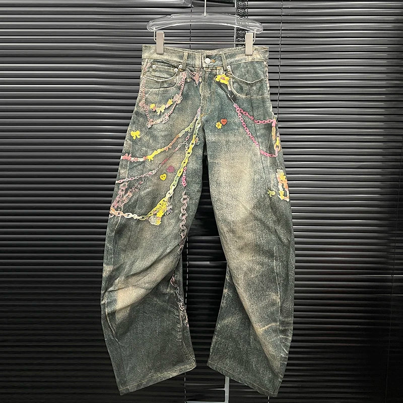 DEAT Fashion Women's 3D Chain Printed Contrast Color Jeans Niche Design High Waist Casual Denim Pants Female Trendy 11A04071