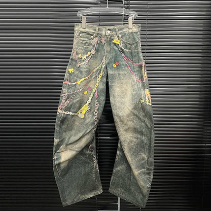 DEAT Fashion Women's 3D Chain Printed Contrast Color Jeans Niche Design High Waist Casual Denim Pants Female Trendy 11A04071