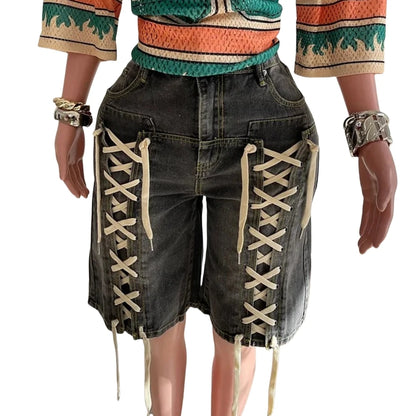 HLJ&GG American Vintage Fashion Bandage Straight Jean Shorts Women High Waisted Button Loose Denim Shorts Female Cowboy Bottom