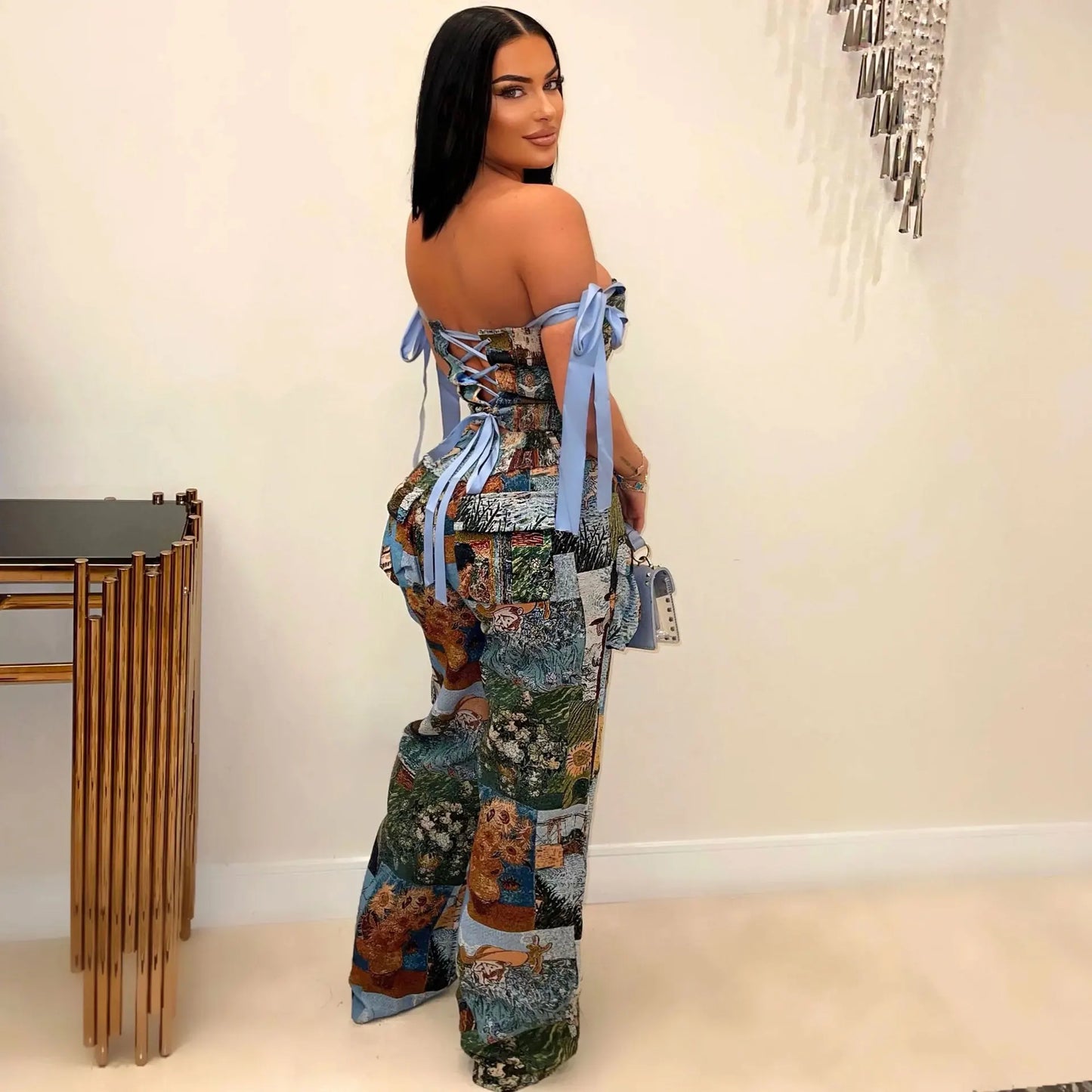 CM.YAYA Oil Painting Printed Women's Set Lace Up Back Crop Top and Pants Suit 2024 Fall Winter Two 2 Piece Sets Outfit Tracksuit