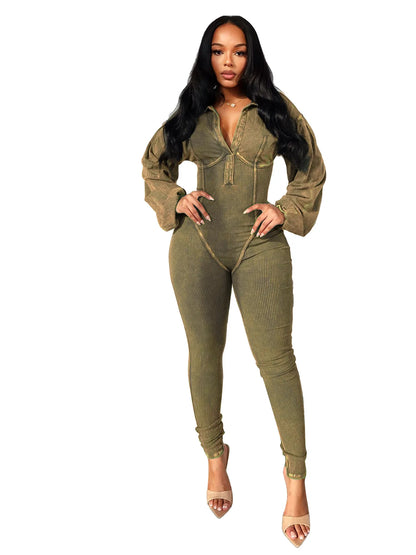 Women's Clothing 2025 Spring Summer New Fashion Bubble Sleeves Sexy Deep V Tight Waist Casual Long Sleeved Jumpsuit Pants