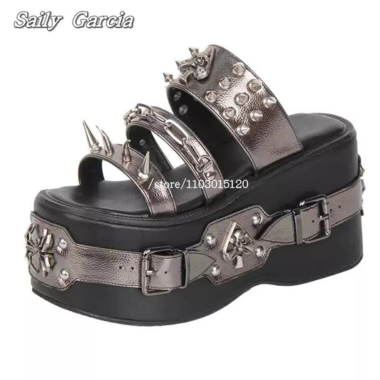 Punk Style Metal Rivet Thick Sole 10CM Heel Slippers Open Toe Size 34-47 Original Customization Y2K Slides Silver Hollow Sandals