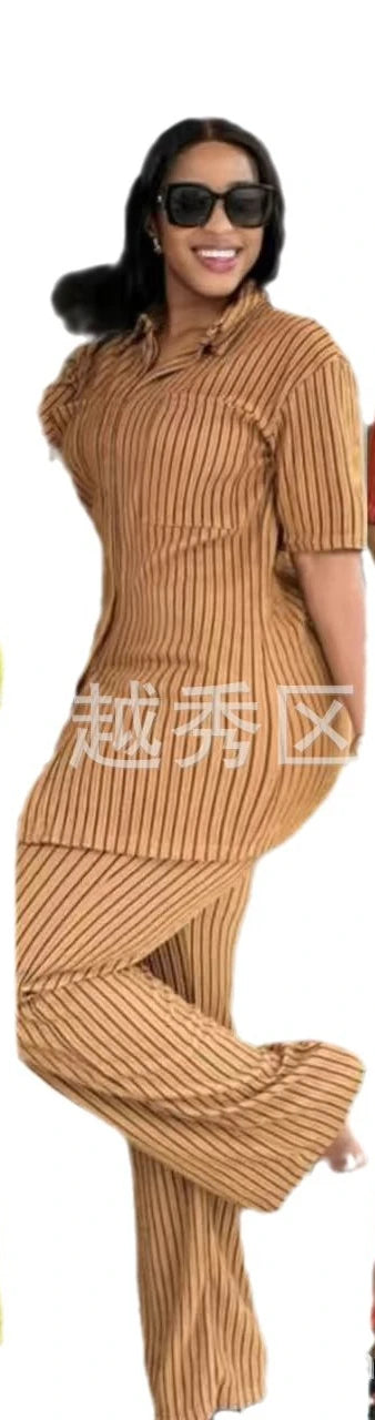 Two Piece Sets Women Pant Set Turn Down Collar Streetwear Y2k Single Breasted Shirt Tops Striped Wide Leg Long Pants Casual 2025