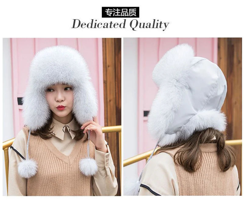 2025 100% Real Fox Fur Hats Women's Russian Ushanka Aviator Trapper Snow Skiing Hat Caps Earflap Winter Raccoon Fur Bomber Hat