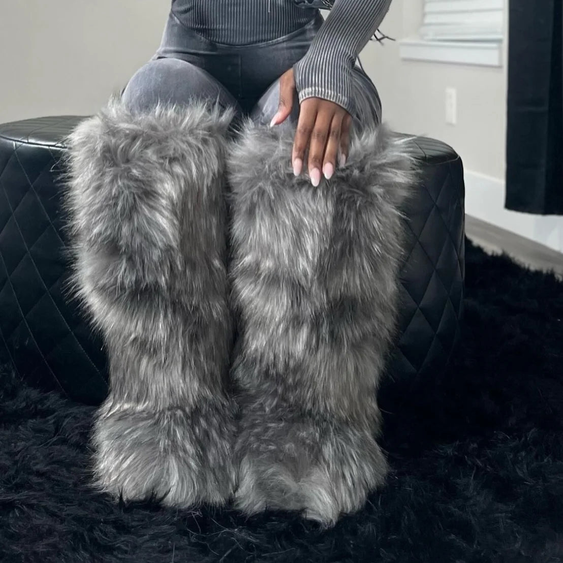 Womens Knee High Fuzzy Faux Fur Boots - Soft, Warm, and Comfortable Slip-on Design with Flat Heel, Round Toe