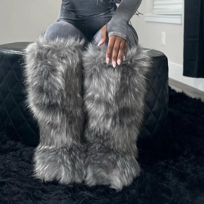 Womens Knee High Fuzzy Faux Fur Boots - Soft, Warm, and Comfortable Slip-on Design with Flat Heel, Round Toe
