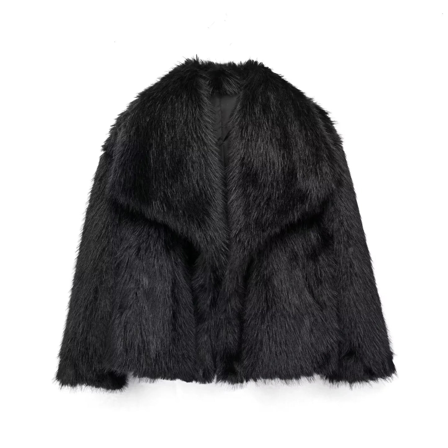 TRAFZA Female Vintage Artificial Fur Effect Coats Lapel Warm Plush Long Sleeves Hidden Buttons Autumn Winter Casual Outerwear