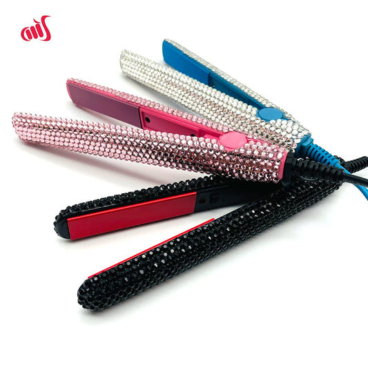 Mini Hair Straightener and Curler With Diamonds 2 in 1 Portable Mini Bangs Flat Iron Tourmaline Plate Flat Iron For Short Hair
