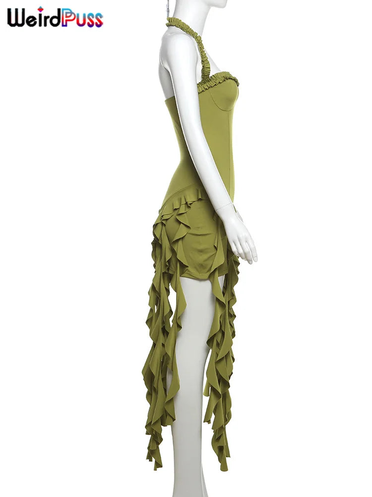 Weird Puss Chic Irregular Tassel Hem Dress Women Backless Halter Party Summer Sexy Birthday Party Split Midnight Club Bodycon