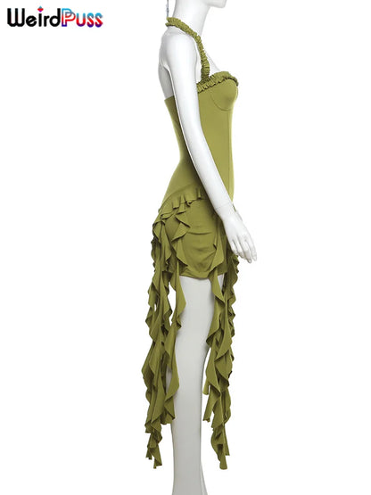 Weird Puss Chic Irregular Tassel Hem Dress Women Backless Halter Party Summer Sexy Birthday Party Split Midnight Club Bodycon