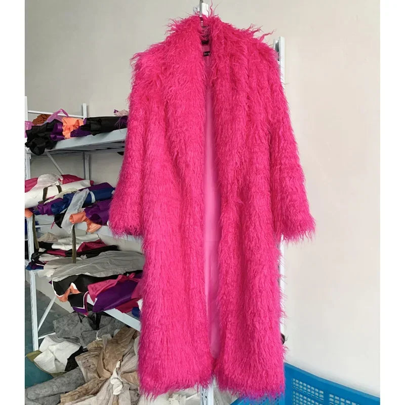 Women Faux Sheep Fur Long Coat Cardigan Thermal Loose Maxi Jackets Plush Coats Female Jacket Autumn Winter Furry Outerwear