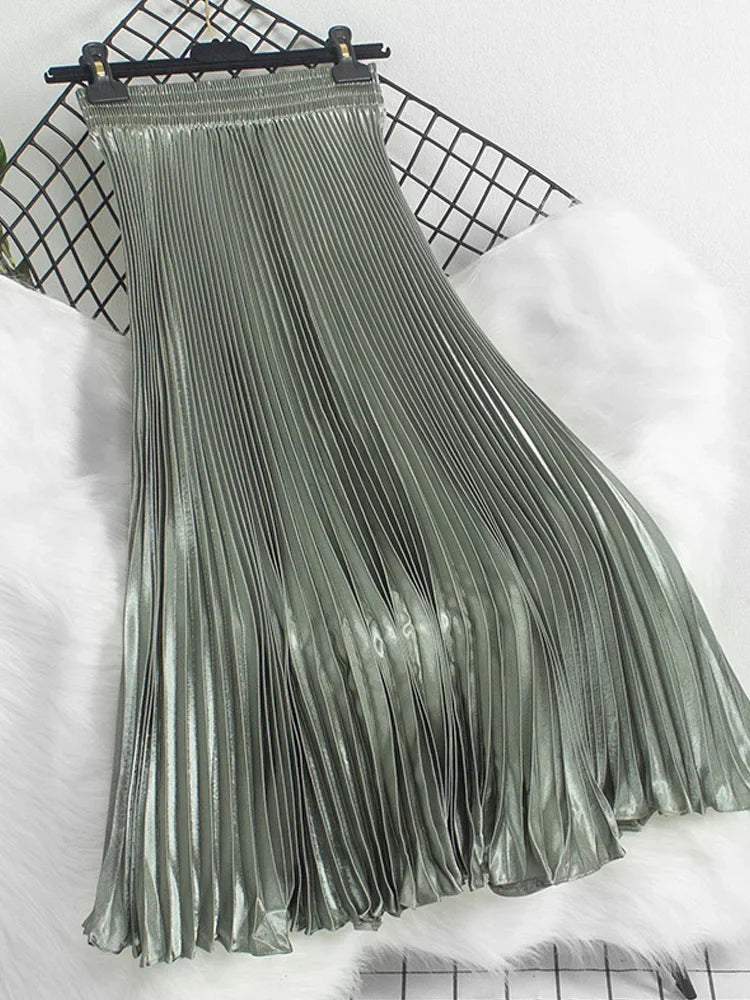 Women's Fashion Pleated Mermaid Long Skirt Korean Style Casual High Waist Satin Flowy Skirts Shiny 19 Colors 2024 Spring SK500
