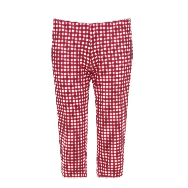 2025 New Women Red Plaid Print 2 Piece Set O-neck Full Sleeve Lace Up Cardigan Crop Tops + Knee Length Pencil Pants Casual Suit