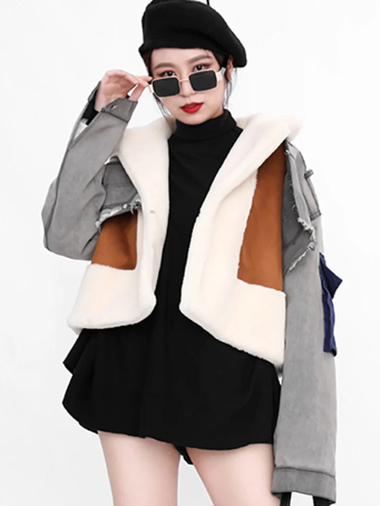 DEAT Leisure Full Sleeve Wool Liner Wde Waisted Turn Down Collar Women Slim Patchwork Woolen Coat 2024 Autumn Autumn New TD659