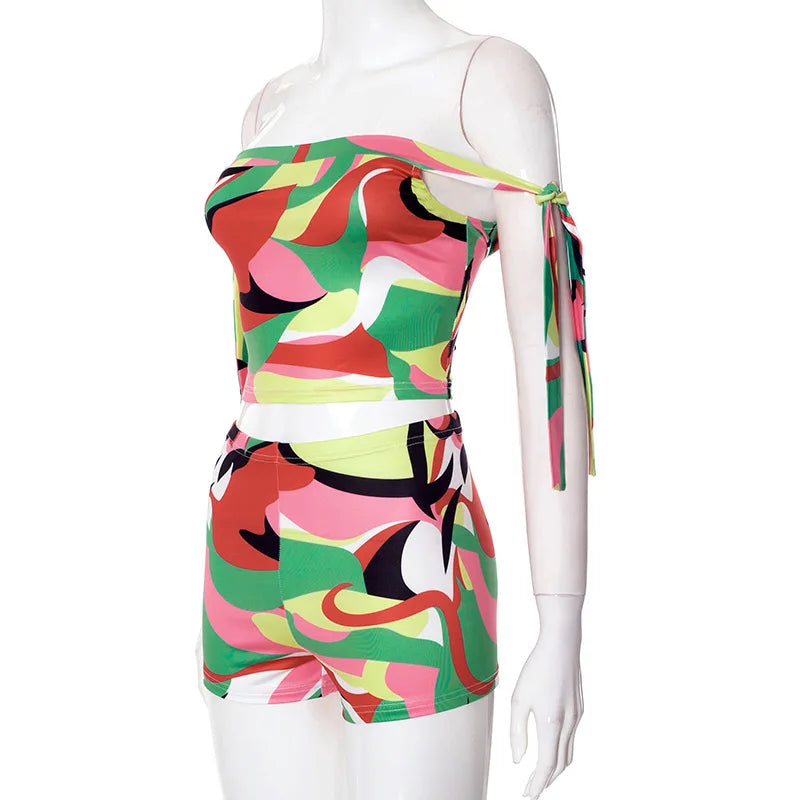 Joskaa Colorful Print Beach Style 2 Piece Sets Women Swimsuit Sexy Tube Tops and Shorts Matching 2025 Summer Bathing Suit