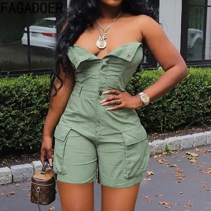 FAGADOER Fashion Cargo Pocket Patchwork Denim Romper Women Button Backless Sleeveless Jumpsuit Female Streetwear Overalls 2025
