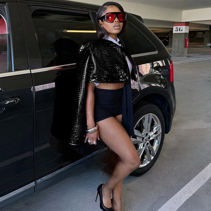 HLJ&GG Fashion Y2K Hot Girl Streetwear Women Leather Long Sleeve Crop Jacket+Bodysuits+Button Shorts 3 Piece Sets Outfits 2025