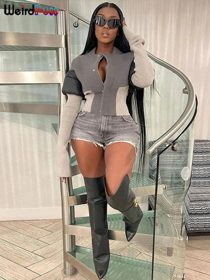 Weird Puss Contrast Patchwork Jacket Women Chic Zip Hipster Winter Trend full Sleeve Coat Wild Streetwear Casual Jersey Outwear