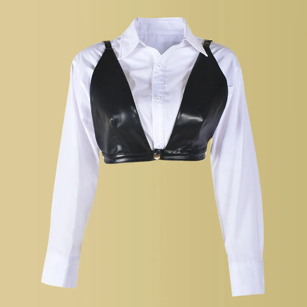 Joskaa Casual Lapel Long Sleeve Single Breasted Slim Crop White Blouses with Black Pu Bra Matching 2024 Chic Tops Streetwear