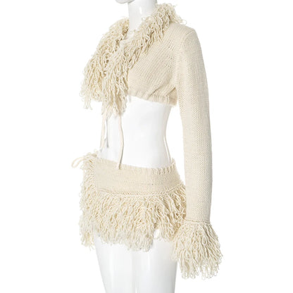 CUTENOVA 2024 New French Knit Sexy Set Tie Cardigan Long Sleeve Navel Top + Fashion Sexy Mini Skirt Set For Y2K Hottie Girl Wear