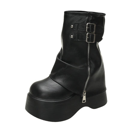 Soft Leather Ankle Mid Calf Boots Winter Autumn High Platform Wedge British Booties Woman New Ladies Chunky Motorcycle Boots 9CM